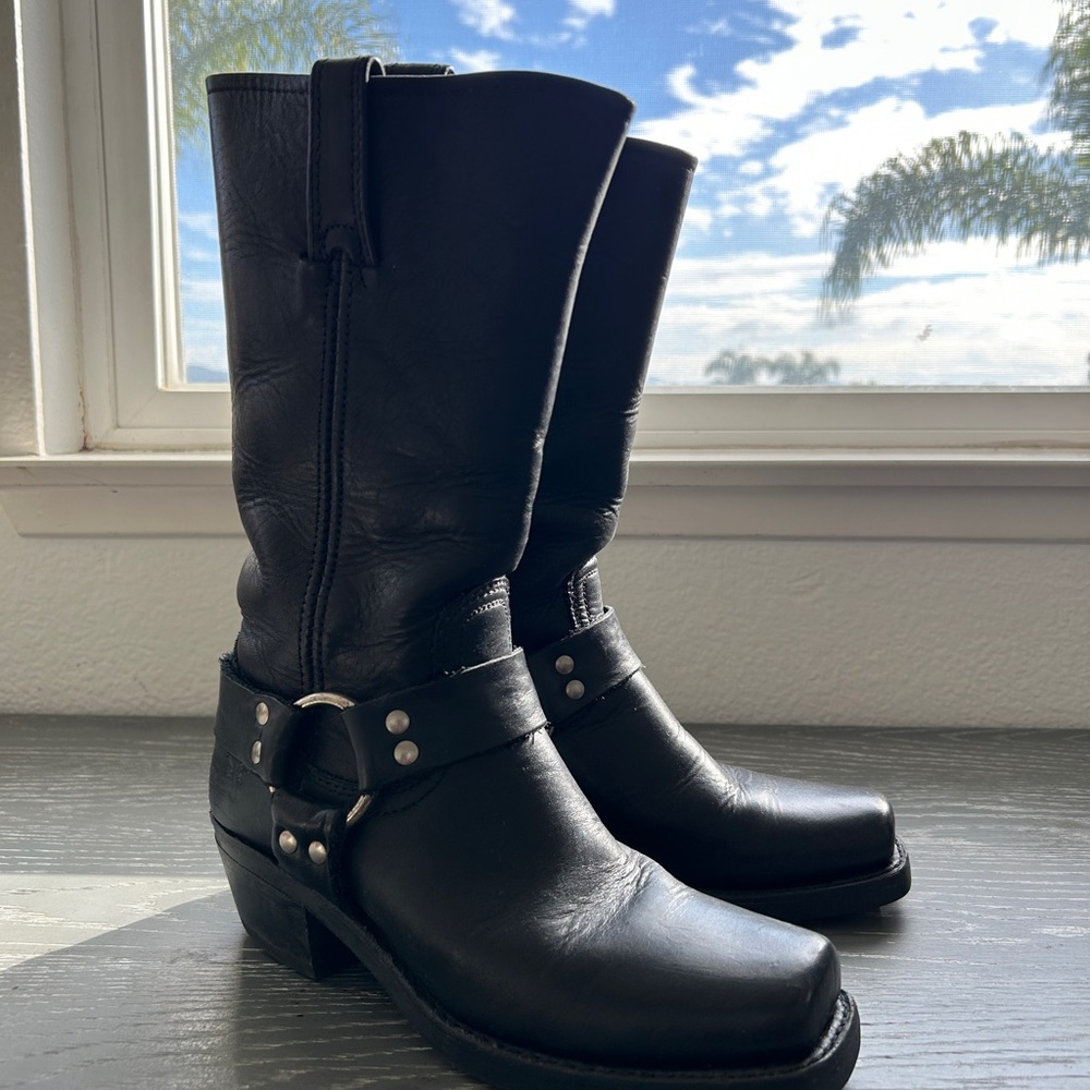 Frye Black Leather Harness Boots